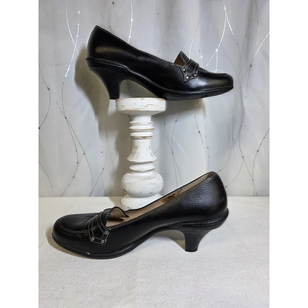 EuroSoft Shoes 9 Black Leather Coquette‎ Retro Buckle Office Classic Jackie O